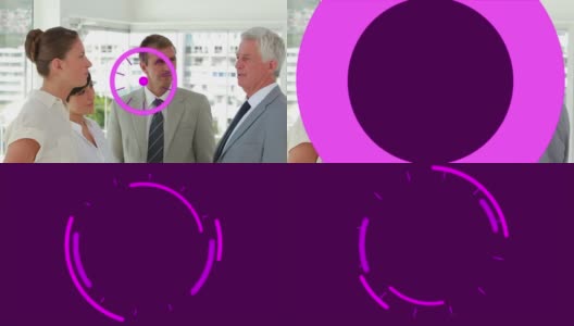 抽象的紫色形状反对不同的商务人士在办公室一起讨论高清在线视频素材下载
