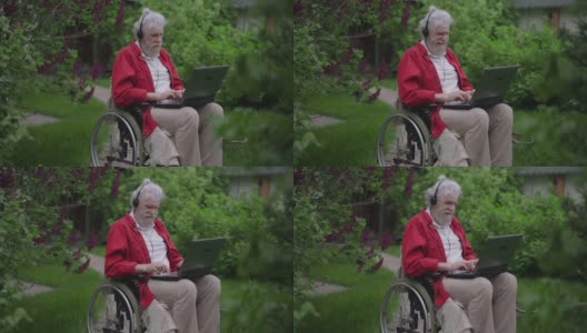 英俊开朗的残疾老人坐在轮椅上微笑着在笔记本电脑上视频聊天。留着大胡子的白人退休老人在后院的花园里聊天。现代技术。高清在线视频素材下载