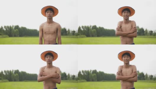 年轻的农民赤膊站在稻田里，双臂交叉高清在线视频素材下载