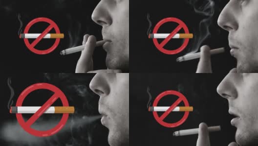 禁止吸烟标志的动画，点烟和男人的脸高清在线视频素材下载