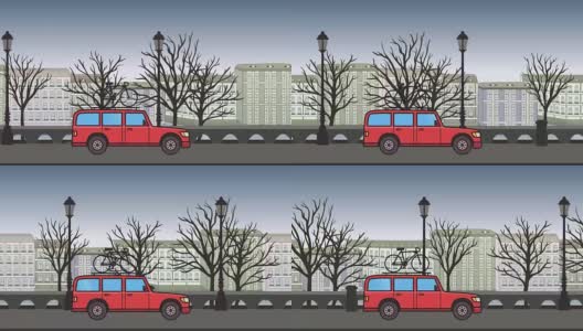 动感的红色SUV带着自行车在车顶的后备箱上骑行穿越秋天的城市景观。移动的小型货车在城市公园的背景。平面动画。高清在线视频素材下载
