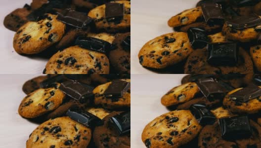 美味的巧克力蛋糕饼干浅和牛奶和黑巧克力块高清在线视频素材下载