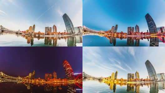 时间流逝的天津城市景观，从白天到夜晚高清在线视频素材下载