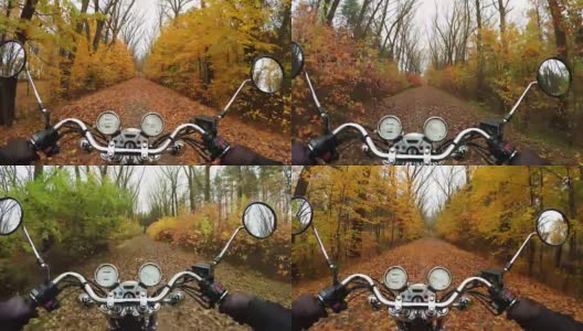 4 k编译视频。奇妙的摩托车骑在彩色森林的道路上，骑手的视野宽广。永远经典的巡洋舰/直升机!高清在线视频素材下载
