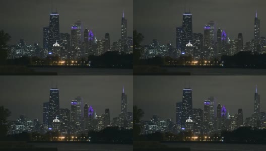 晚上的芝加哥城市天际线和海滨。芝加哥，伊利诺斯州，美国。高清在线视频素材下载