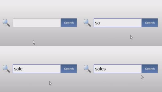 销售-图形浏览器搜索查询，网页，用户输入搜索相关结果，计算机网络技术。网页浏览打字字母，填写表格按下查找按钮，导航到搜索结果页面，在线工作高清在线视频素材下载