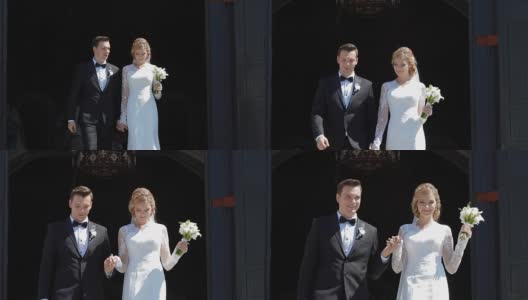 婚礼结束后，新婚夫妇走出教堂高清在线视频素材下载