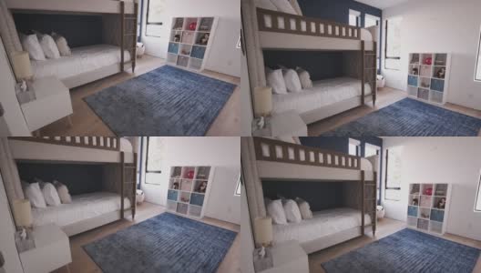 孩子的卧室在一个现代家庭的家，阳光，没有人，倾斜拍摄高清在线视频素材下载