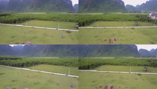 Flycam拍摄人们在美丽的绿色平坦的田野上奔跑高清在线视频素材下载