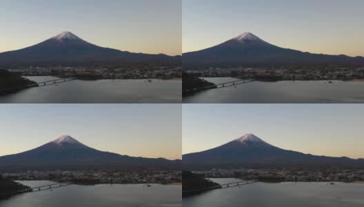 黎明时分富士山和川口湖的鸟瞰图高清在线视频素材下载