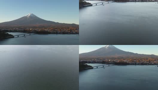 黎明时分富士山和川口湖的鸟瞰图高清在线视频素材下载