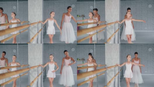 女人帮助女芭蕾舞演员在工作室做舞蹈练习高清在线视频素材下载