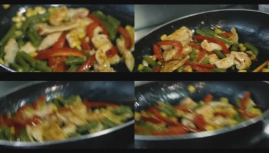 厨师用热锅烹饪鸡肉和蔬菜高清在线视频素材下载