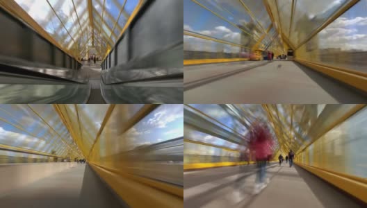 走在横跨河上的现代化人行天桥上配有360度摄像头，定时拍摄，高清在线视频素材下载