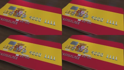 带有西班牙国旗的塑料银行卡高清在线视频素材下载