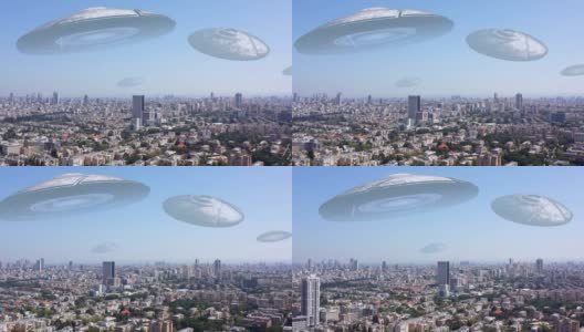 外星人ufo入侵飞碟在大城市，3d插图高清在线视频素材下载