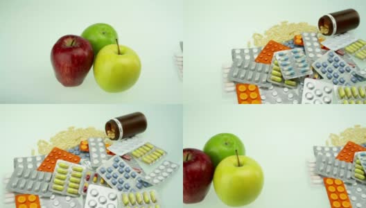 健康选择概念水果和药丸高清在线视频素材下载