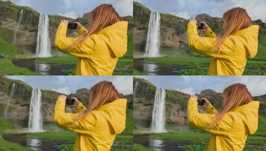 游客拍照瀑布高清在线视频素材下载