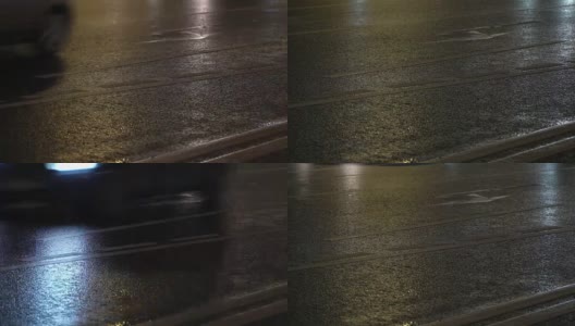 夜城开车灯。雨后潮湿的路面上反射的汽车前灯模糊不清高清在线视频素材下载