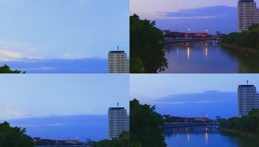 晚上桥上的交通。间隔拍摄黄昏。在泰国清迈河上航行的船只。城市黄昏高清在线视频素材下载