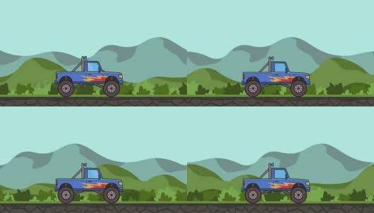 动画大轮怪物卡车通过绿色山谷。移动大脚卡车的乡村景观背景。平面动画。高清在线视频素材下载