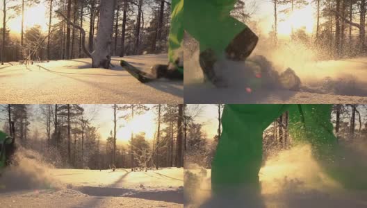 近距离观察:在金色的日出下，踩着雪鞋穿过Finish偏远地区的新雪高清在线视频素材下载