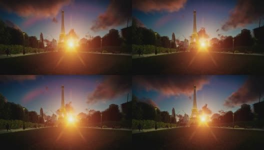 日落时巴黎埃菲尔铁塔的美景高清在线视频素材下载