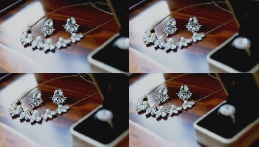 结婚钻石戒指，钻石项链和耳环4K 4K高清在线视频素材下载