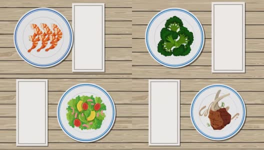 顶视图与不同的食物和菜单在过渡卡通风格的盘子高清在线视频素材下载