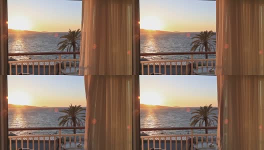 透过窗帘可以看到美丽的海景高清在线视频素材下载