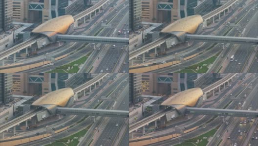 4K延时-现代无人驾驶迪拜高架轨道地铁系统，沿着谢赫扎耶德路向前跑高清在线视频素材下载