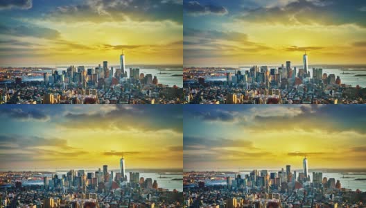 曼哈顿市中心。金融区。商业背景。盛大的日落。高清在线视频素材下载