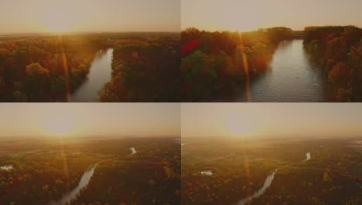 日出时，无人机从河上升起高清在线视频素材下载