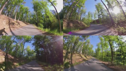 在柏油路上骑自行车在森林在晴天广角POV高清在线视频素材下载