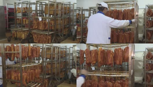 肉类行业中半熏香肠的生产。高清在线视频素材下载