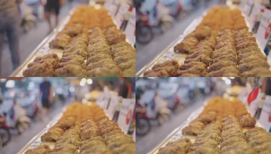 炸鸡在当地的街头食品市场出售高清在线视频素材下载