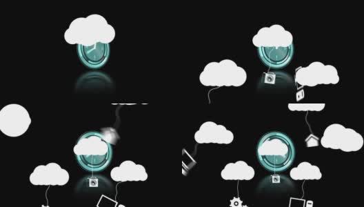 动画白云与悬挂的媒体图标时钟与移动的手在黑色的背景高清在线视频素材下载