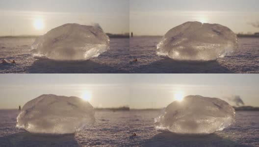 块冰。冰冻的河。冬天。特写镜头。日落高清在线视频素材下载