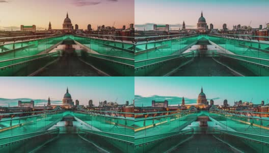 英国伦敦千年桥和圣保罗大教堂的日落时间高清在线视频素材下载
