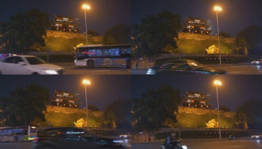 夜间长沙市区交通街道古塔建筑山顶全景4k中国高清在线视频素材下载