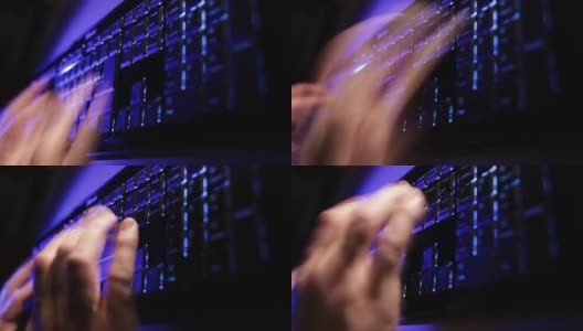 男人的手在蓝色键盘上打字。时间流逝。高清在线视频素材下载