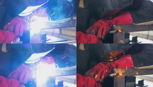 焊机。工人操作焊机，焊接金属。特写镜头。高清在线视频素材下载