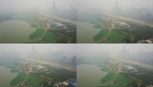 雾天武汉城市景观湖泊航拍全景4k中国高清在线视频素材下载