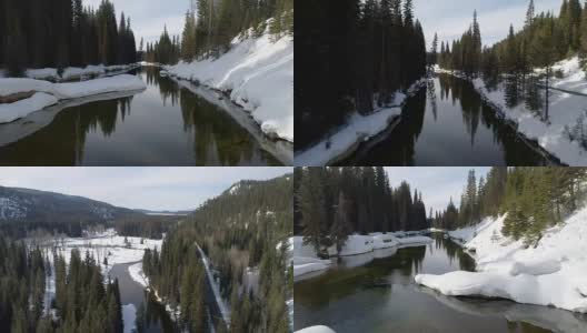 在冬天，有云有雪的小溪被森林围成一条线高清在线视频素材下载