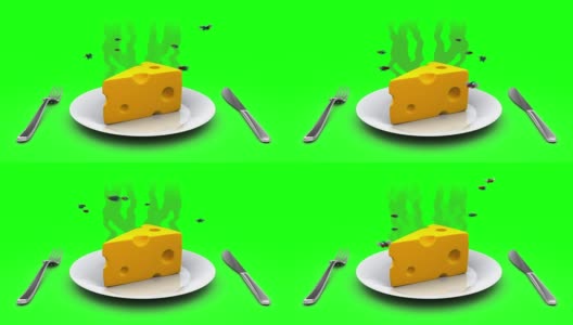 盘子上的奶酪。卡通风格的3D动画。绿屏,loopable。高清在线视频素材下载