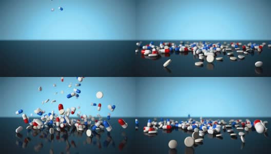 彩色药丸落在蓝色光滑的背景上的3D慢镜头高清在线视频素材下载
