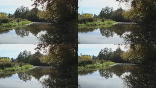 秋天的风景。枯叶落在河面上高清在线视频素材下载