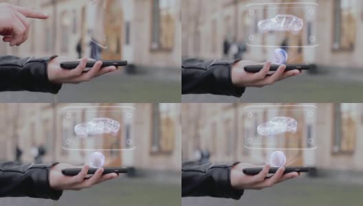 男性双手显示在智能手机概念HUD全息图现代Suv高清在线视频素材下载