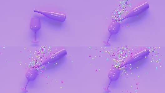 紫色/紫色场景，红酒，玻璃瓶，饮料物体概念，许多球体，彩色抽象运动3d渲染高清在线视频素材下载
