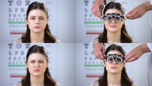 女挤压眼睛，眼科医生把折射器放在微笑的女病人，镜片高清在线视频素材下载